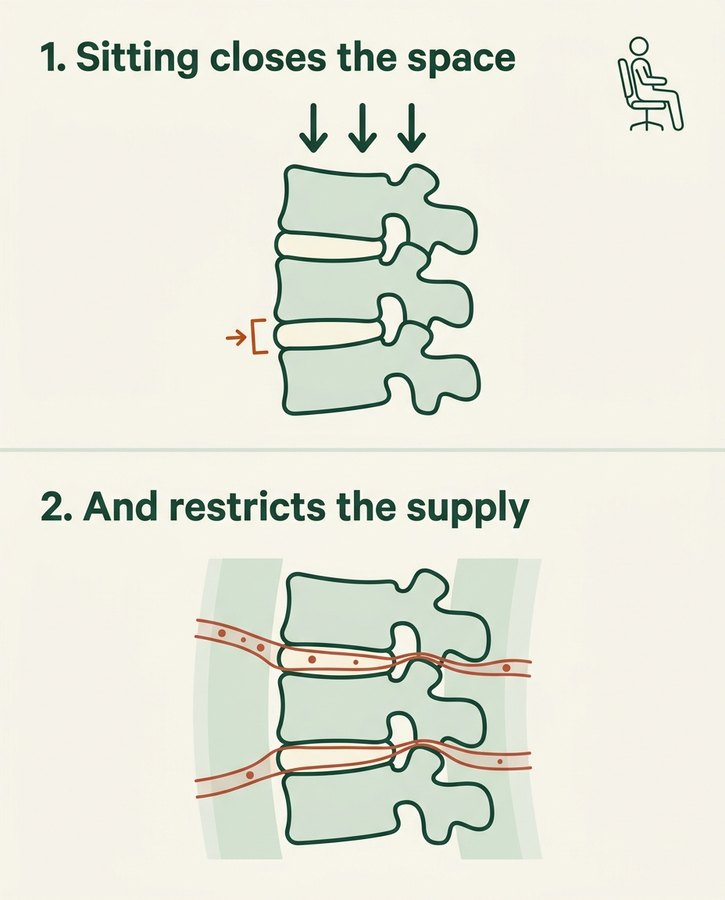 Panel 1: sitting closes the space between the vertebrae. Panel 2: and restricts the blood supply to the surrounding tissue.