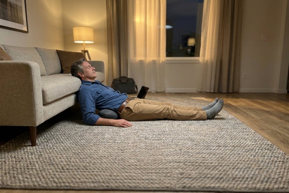 A man lying flat on a living room rug with the Lumbean positioned under his lower back.