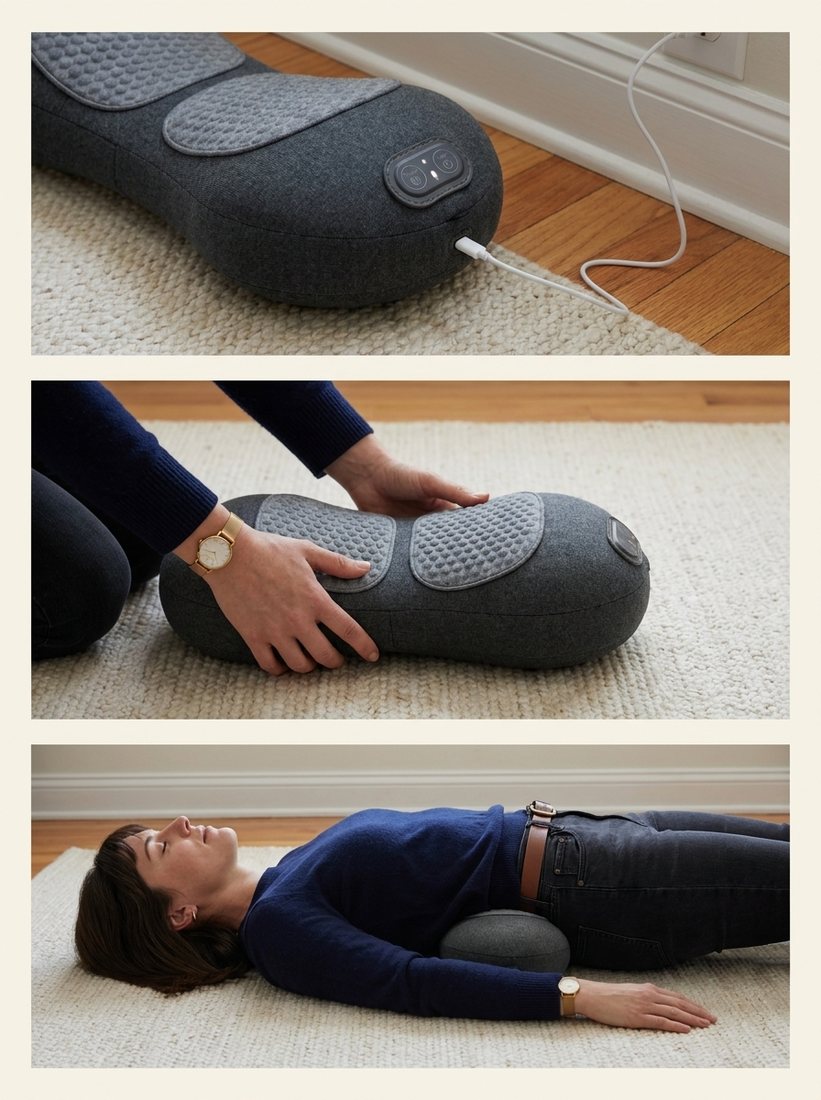 Three steps: the device charging by USB-C, being positioned on the rug, and someone lying back on it.