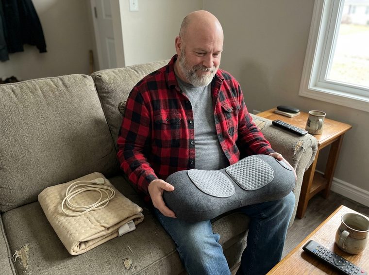 Mark T. holding the Lumbean on his sofa, his old heating pad folded beside him.