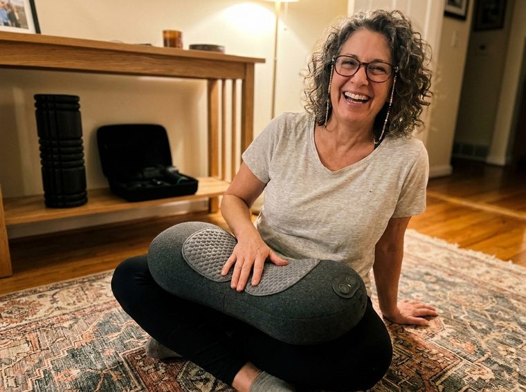 Karen M. sitting on the floor with the Lumbean, a foam roller and massage gun case behind her.